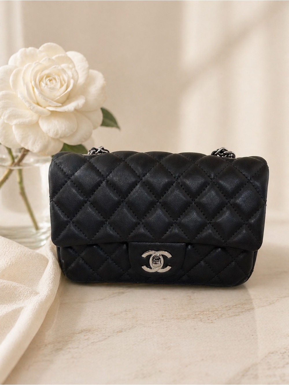 Black Quilted Lambskin leather Mini Flap Bag with Silver CC New 2026